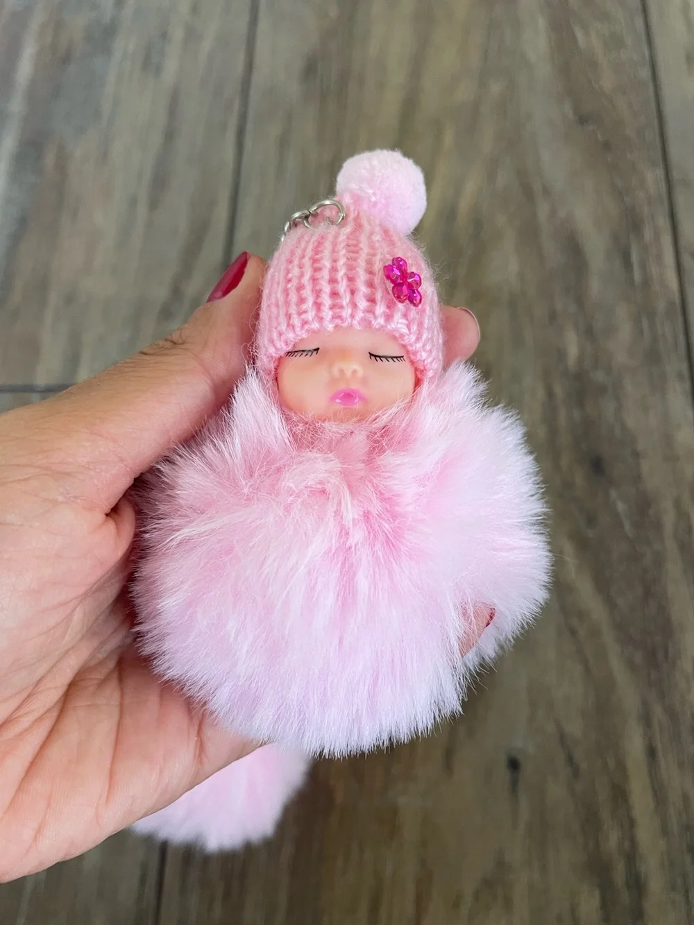 Pink Baby Doll Pom-Pom Keychain - Cute Plush Accessory